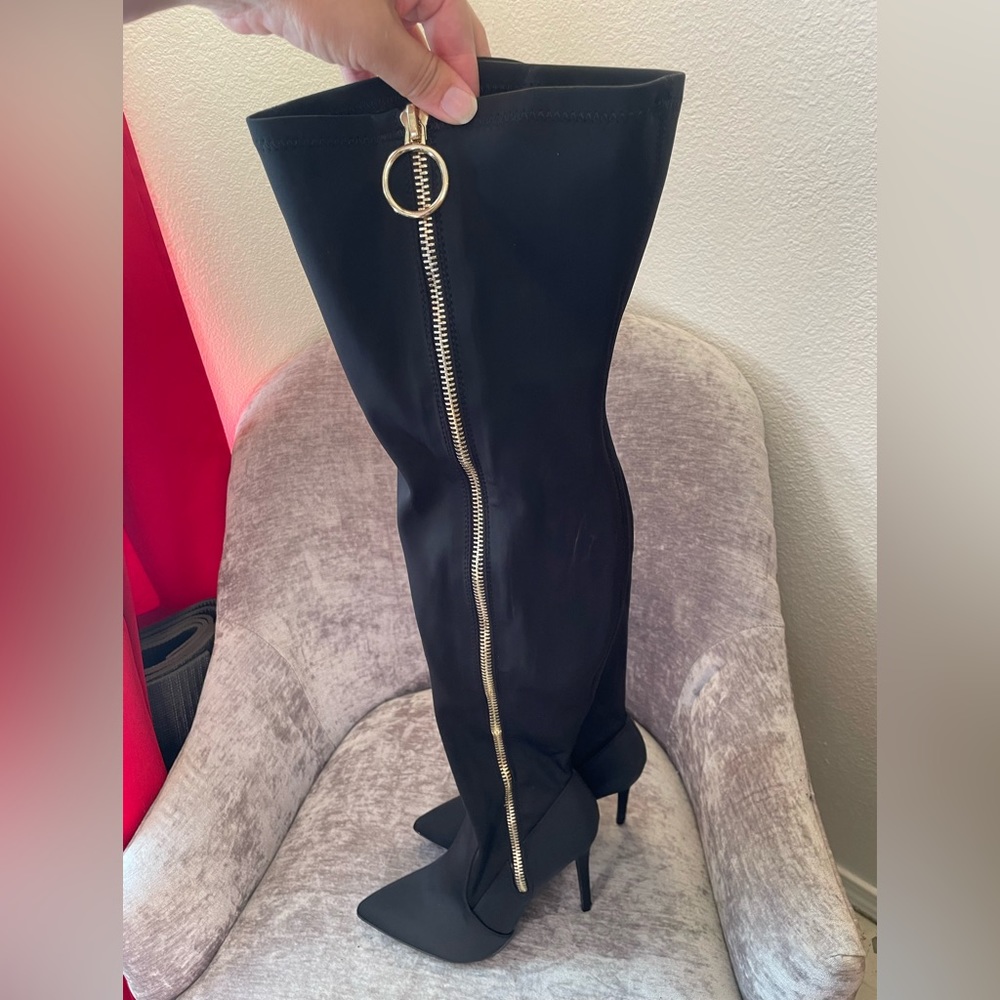 Dress Stiletto Boots- size 10- thigh high- shoe dazzle-textile fabric